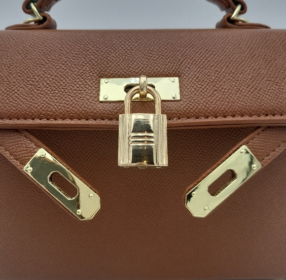 Brown PU Leather Tote Purse Satchel with Gold Hardware - Picture 2 of 9